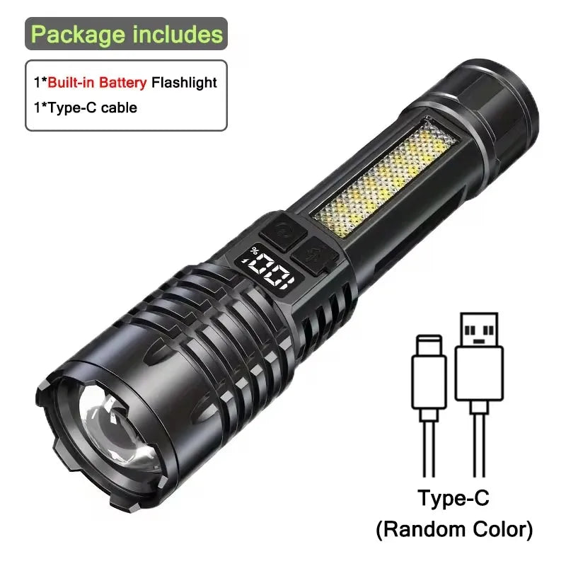 Ultra Bright LED Flashlight – 2000LM Type-C Rechargeable Long Range Zoom Tactical Torch for Outdoor Camping