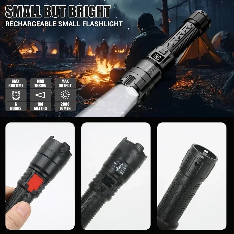 Ultra Bright LED Flashlight – 2000LM Type-C Rechargeable Long Range Zoom Tactical Torch for Outdoor Camping