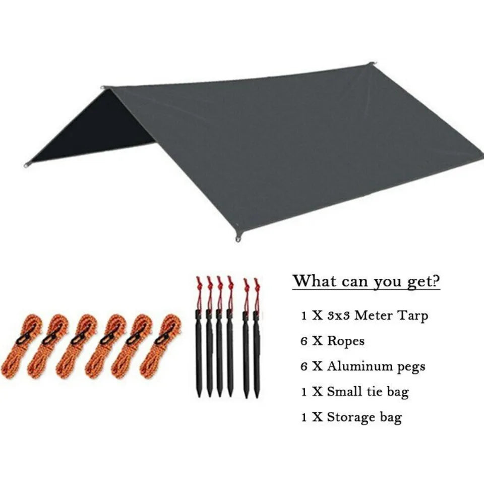3x3M Camping Waterproof Awning Tarp – Ultralight Dark Grey Sun Shelter Outdoors